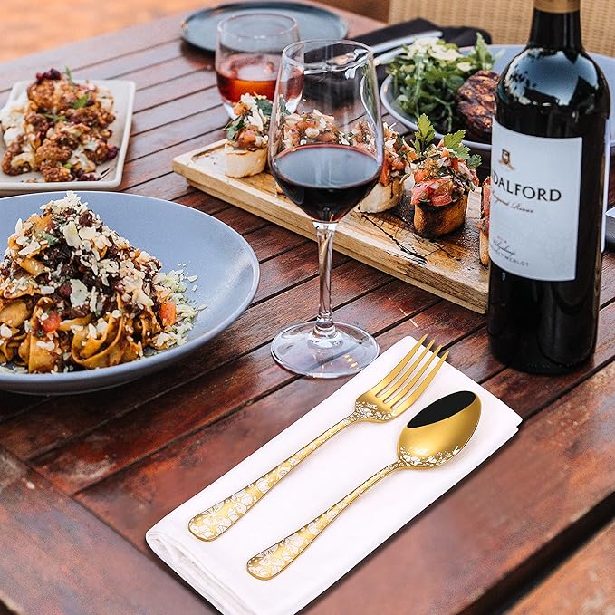 Stapava 20-Piece Gold Silverware Set for 4, Stainless Steel Flatware Cutlery Set, Unique Tableware Utensil Sets Include Forks, Spoons and Knives Set, Mirror Polished, Dishwasher Safe