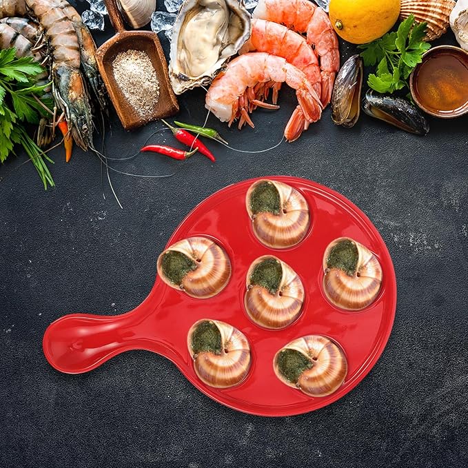 Ceramic Escargot Baking Plate with 6 Compartments, 10-inch Snail Dish with Handle for Oven and Table Serving, Kitchen Baking Tray for Seafood and Appetizer Cooking