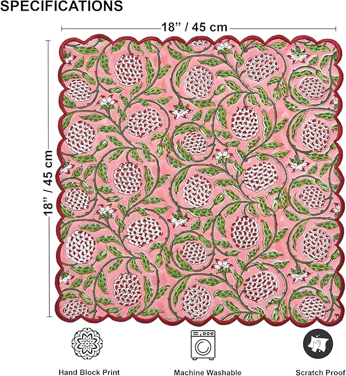 Ridhi Hand Block Print Strawberry Pink 18" x 18" (Set of 4) Embriodery Table Napkins Reusable Cotton Dinner Napkins for Weddings, Parties, Everyday Dining Gift for Spring, Easter, Valentine