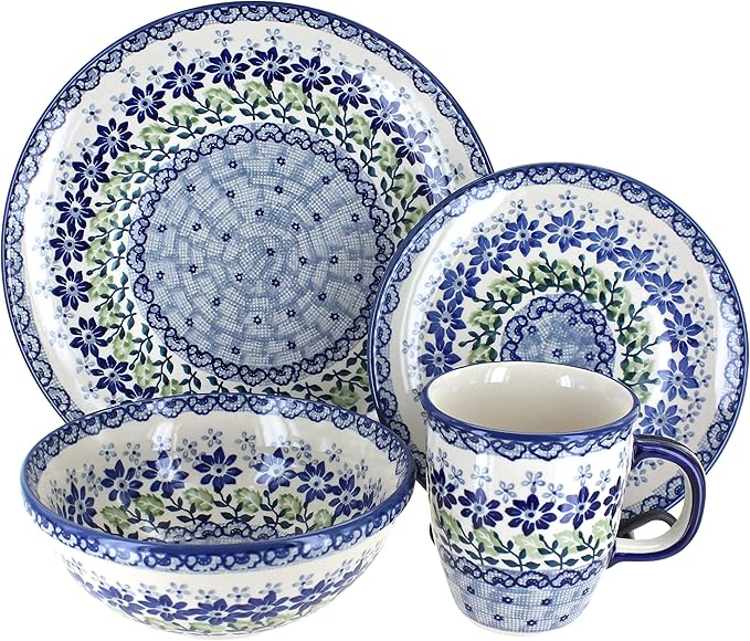 Blue Rose Polish Pottery - Blue Hallsey 16 Piece Dinner Set - 4 Place Settings - Great for Everyday Dining, Casual Dining, or as Formal Dinnerware