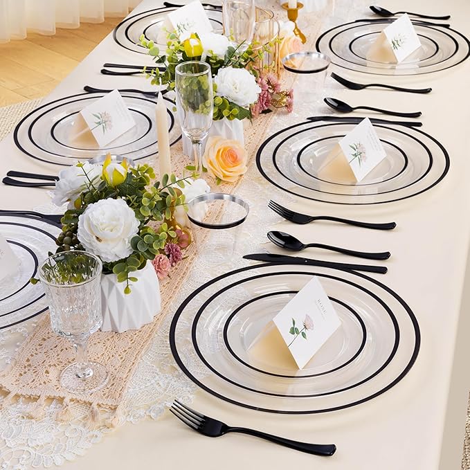 BESTSTAR 12 Inch Disposable Decor Charger Plates, 25 Pack Plastic Clear Plates with Gold Rim, Perfect Table Decor for Party, Wedding, Dinner