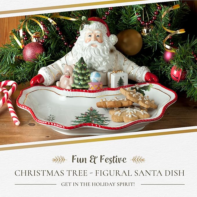 Spode Christmas Tree Gold Collection Figural Santa Dish, 12.25-Inch Holiday Décor Candy Bowl - Fine Earthenware with 22-Karat Gold Accents, Christmas Mantel Decoration & Holiday Tableware