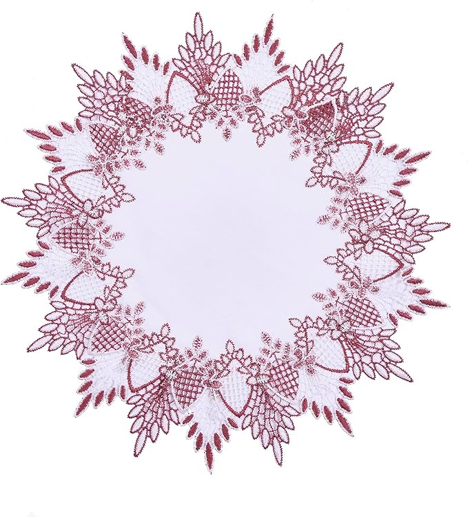 White Dark Red Linen Lace Doily 15 inches Round Neutral Earth Tones Beige Lace Coffee Table Topper Dresser Scarf Place Mats (Dark Red, 15” Round)