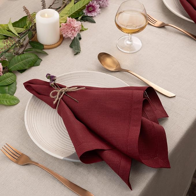 D'Moksha Homes Dark Red Linen Napkins Set of 4 - Classic Hemstitch 100% Pure Linen Hemstitch Dinner Napkins 20 x 20 Inch for Winter, Christmas, Holiday, New Year - Handcrafted and Machine Washable
