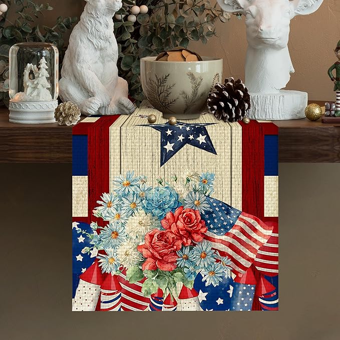American Flag Flower Table Runner Seasonal Holiday Kitchen Dining Linen Table Decoration for Indoor Outdoor Home Party Decor 13 x 72 Inch