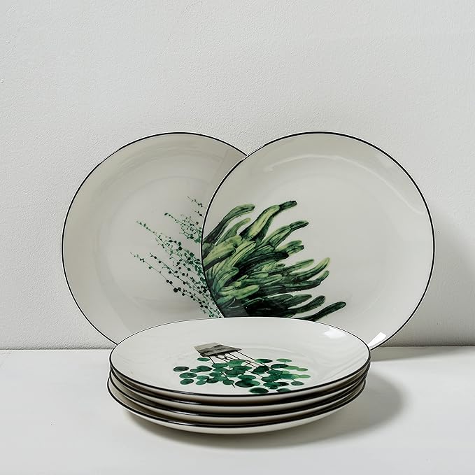 8 Inch Set of 6 Assorted Designs, Porcelain Plates with Plants Pattern, White Ceramic Dinnerware for Steak Luncheon Salad Dessert Serving Bread, Microwave Oven Dishwasher Safe