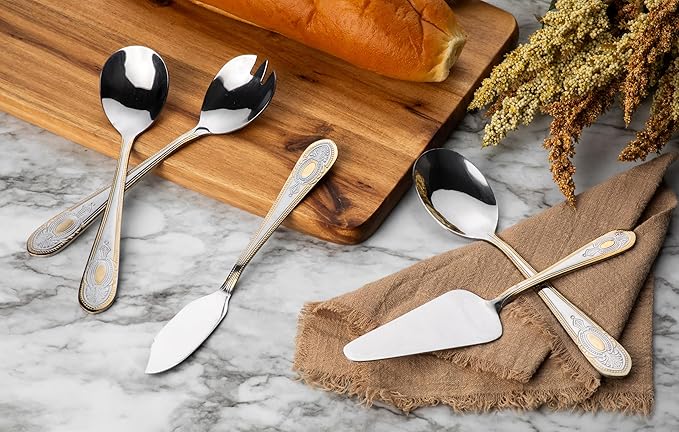 5 Piece Hostess Set - Serving Utensil Set - 18/10 Stainless Steel Silverware - Luxurious Handle with Gold Detailing - Elegant Silver and Gold Flatware Hostess Serveware (5, Lucca)