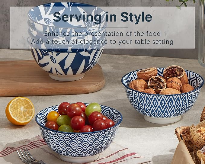 ONEMORE 20 oz Ceramic Cereal Bowls Set of 6, Porcelain Dinner Bowls for Soup, Dessert, Ice Cream - Microwavable, Dishwasher & Oven Safe, Large Kitchen Bowl, Scratch Resistant - Vintage Blue & White