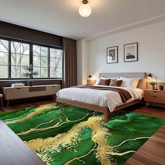 Emerald Green Gold Natural Liquid Aesthetic Area Rug 6x8 for Living Room Bedroom Dining Room Modern Abstract Marble Texture Indoor Rugs Nursery Dorm Farmhouse Soft Non Shedding Washable Lux Carpet