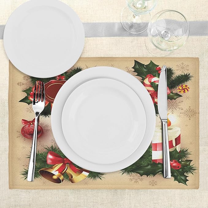 Ambesonne Christmas Place Mats Set of 8, Vintage Style Classical Candle Bell Mistletoe Ribbon Bird Art Print, Washable Fabric Placemats for Dining Table, Placemat 8 pcs, Emerald Cream