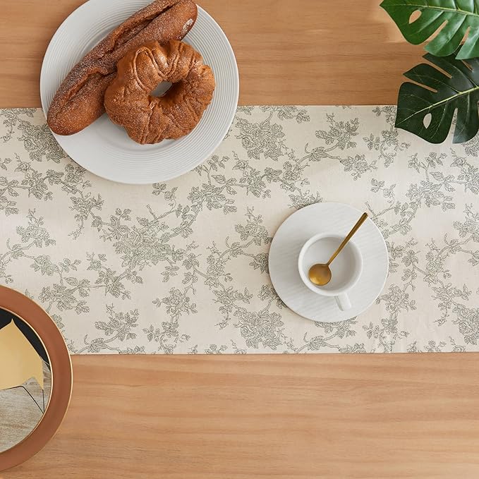 100% Cotton French Pastoral Table Runners, 13x60 Inch Green Farmhouse Table Runners 60 Inches Long, Vintage Flowers Print Home Decors