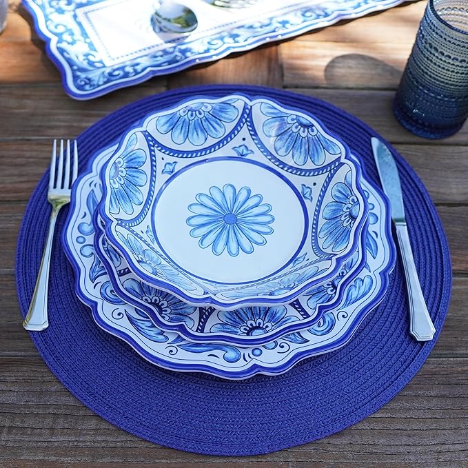 Veranda Melamine 12-Piece Dinnerware Set, Service for 4 – Includes Dinner Plates, Salad Plates, and Bowls – Elegant Blue and White for Everyday Use, Indoor/Outdoor Dining, and Entertaining
