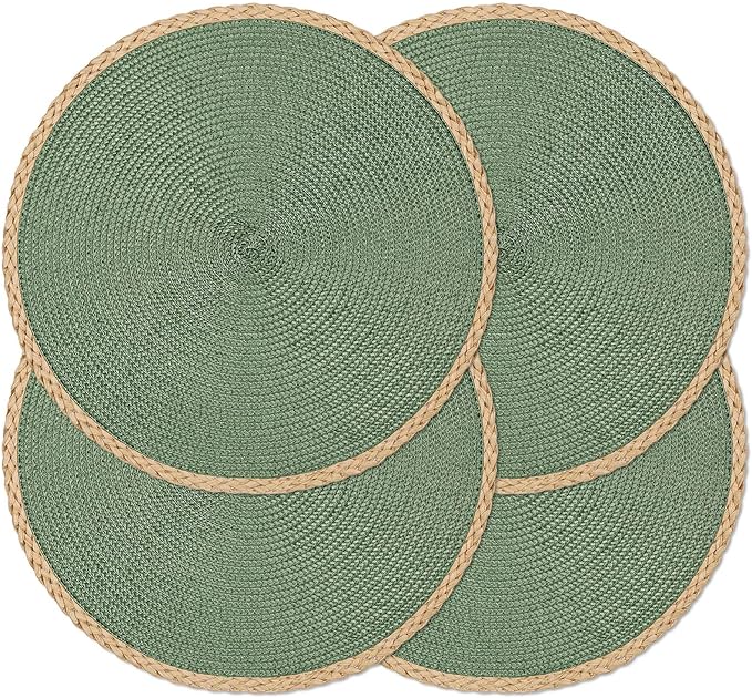 Noctiflorous Round Placemats Set of 4, 15 Inch Braided Hand Woven Table Mats, Heat Resistant Non-Slip Wipeable Thin Edge Place Mats for Kitchen Dining Indoor Outdoor Use(Green, 4)