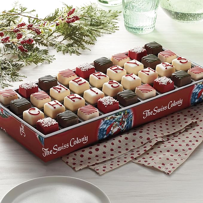 The Swiss Colony 27 Favorites Food Gift Box - Assorted Cheeses, Chocolates, and Summer Sausage Meats with Merry Christmas Petits Fours Mini Layer Cakes with Traditional Old Fashioned Candy Assortment
