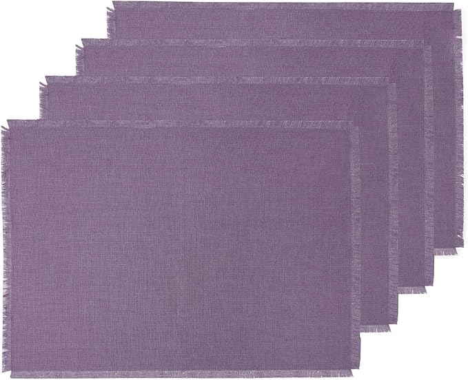 Solino Home Linen Fringe Cloth Placemats Set of 4-100% Pure Linen Mulberry Placemats 14 x 19 Inch for Christmas, Holiday, New Year