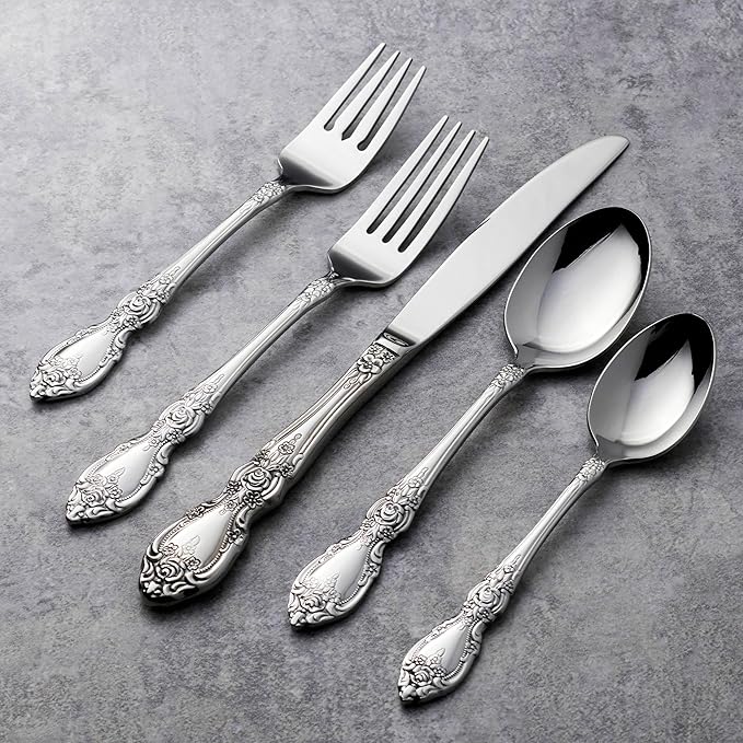 Oneida Silverware Set For 8, Wordsworth 45-Piece with Serving Utensils, Service For 8, Ornate Pattern, Mirror Finish, 18/0 Stainless Steel, Dishwasher Safe, Knives Spoons and Forks (Silver, 45 Pieces)