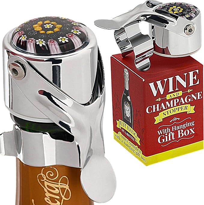 Wine Stopper & Champagne Stopper All In One - Patented Seal, Preserves Bubbles & Taste for Prosecco, Cava, and Wine – 1 Pro Grade Evan James Bottle Stopper With Hanging Gift Box
