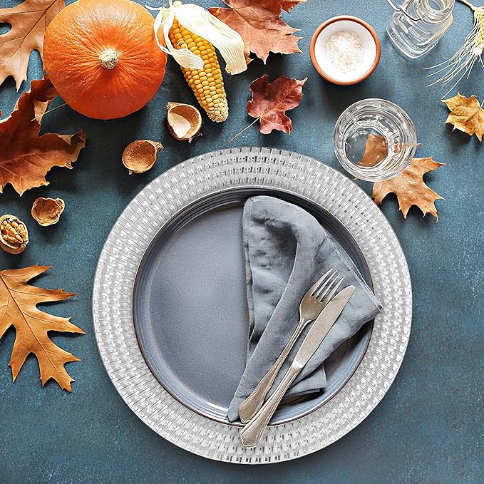 Set of 6 Silver Charger Plates 13 Inch, Round Plastic Chargers for Dinner Plates, Shiny Decorative Serving Platters for Banquet, Catering, Restaurant, Home Use