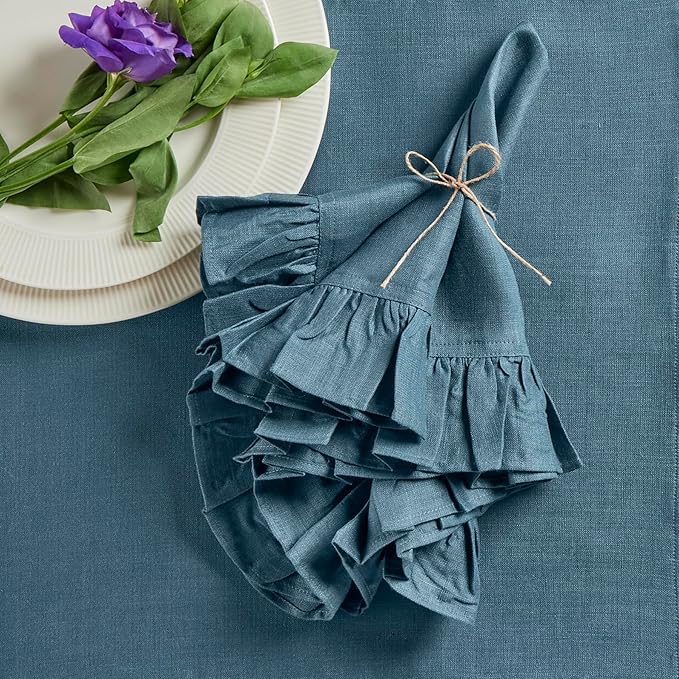 Solino Home Linen Ruffle Napkins Set of 4-100% Pure Linen Peacock Blue Dinner Napkins Cloth 20 x 20 Inch - Gabrielle Ruffle, Handcrafted and Machine Washable