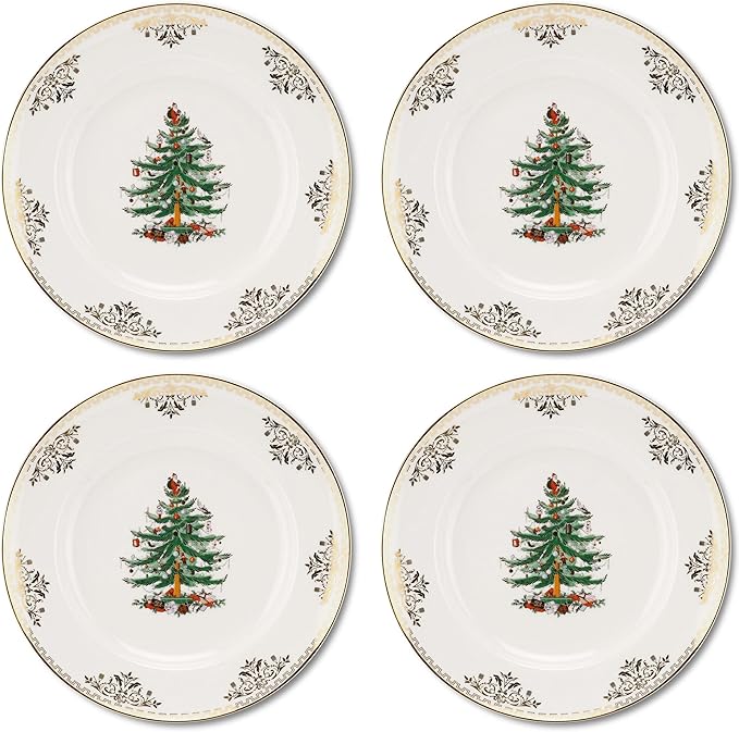Spode Christmas Tree Gold Dinner Plate (Set of 4) – 10 Inch Porcelain Dinner & Appetizer Dish, Holiday-Themed Serving Plate, Microwave & Dishwasher Safe, Festive Collectible Seasonal Dining