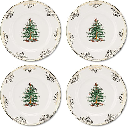 Spode Christmas Tree Gold Dinner Plate (Set of 4) – 10 Inch Porcelain Dinner & Appetizer Dish, Holiday-Themed Serving Plate, Microwave & Dishwasher Safe, Festive Collectible Seasonal Dining
