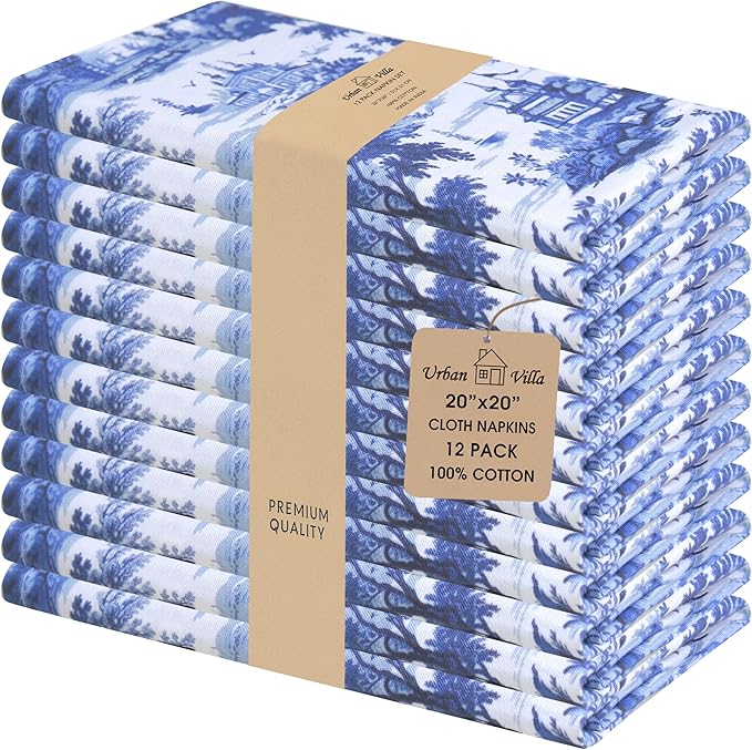 Urban Villa Cloth Napkins 100% Cotton Dinner Napkins Highly Absorbent 20x20 Inches (Set of 12) French Toile Blue Reusable Washable Soft Durable Premium Napkins Ideal for Home Wedding Parties