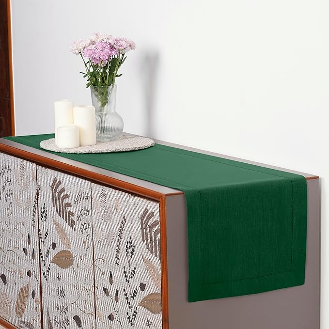 D'Moksha Homes Linen Forest Green Table Runner 48 Inches - Classic Hemstitch, 100% Pure Linen Coffee Table Runner 14 x 48 Inch Ideal for Dresser Tables - Winter, Christmas, Holiday, New Year