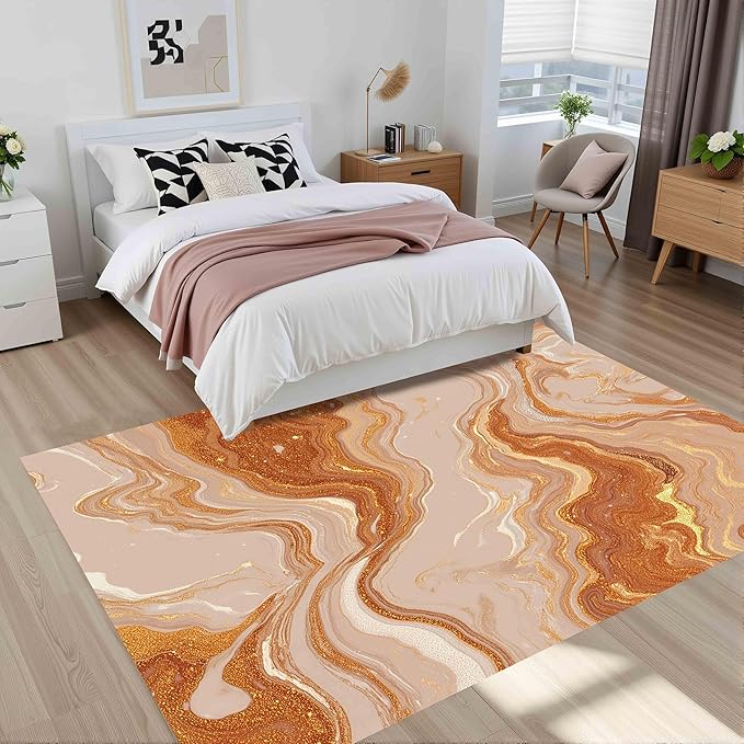 Modern Abstract Warm Brown Beige Marble Wavy Pattern Indoor Large Carpet for Living Room Bedroom Soft Thick Non Slip Area Rug 5x8 Under Dining Room Table Liquid Aesthetic Luxury Art Deco Indoor Rugs