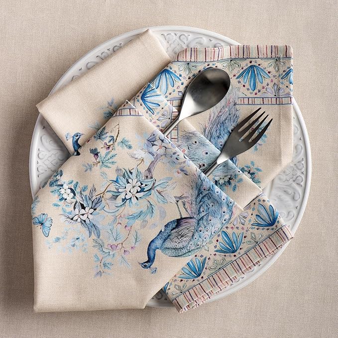 Maison d' Hermine Napkins 100% Combed Cotton Premium Set of 4 Decorative Cloth Napkin Washable Dinner Napkins for Holiday, Dinner, Wedding & Dining - Peacock Utopia - Sandy Beach (20”x20”)