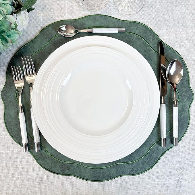 Embroidered Scalloped Faux Leather Placemats Set of 4 - Wipeable Luxury Dinner Table Mats for Dining & Kitchen Decor, Christmas, 17.25" x 15", Green