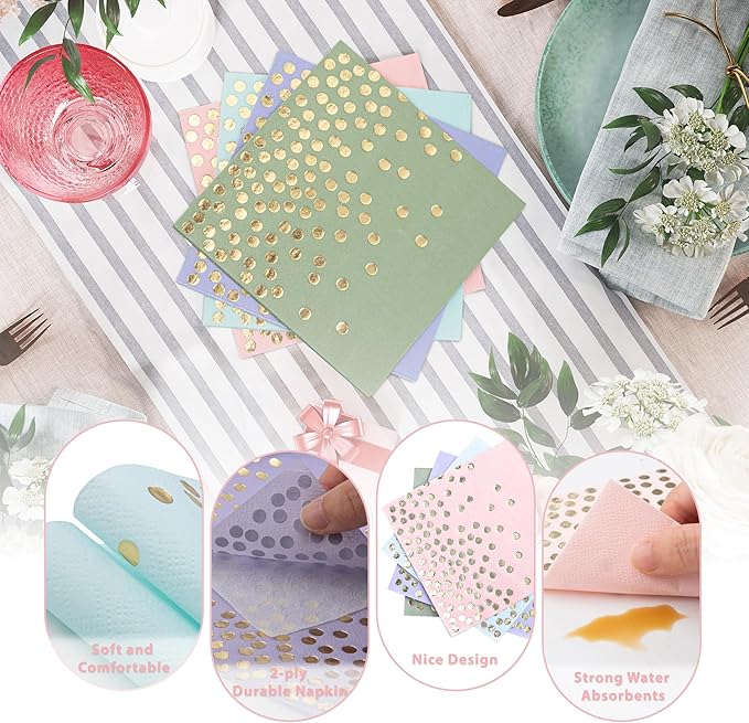 80 Pack of Paper Cocktail Napkins with Gold Foil Polka Dot Confetti，Polka Dot Party Supplies(5 x 5 in，2-ply) (80, pink green blue purple)