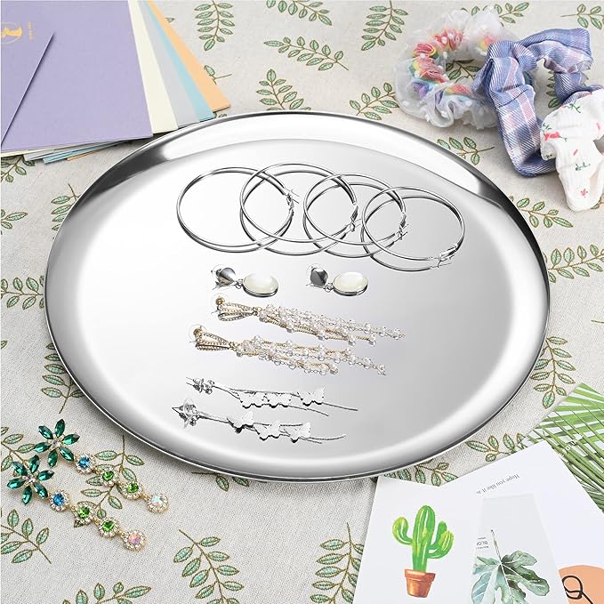 Large Mirror-Polished Stainless Steel Round Tray – Multi-Purpose Decorative Storage for Jewelry, Cosmetics & Essentials – 11.02" Silver Organizer for Bathroom,Bedroom,Coffee Table & Living Room