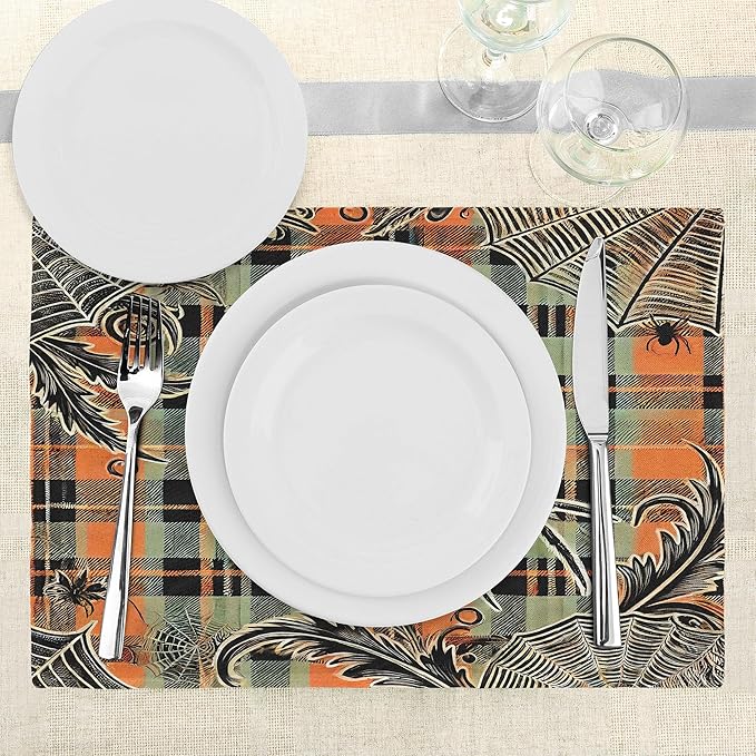 Ambesonne Halloween Place Mats Set of 4, Spooky Autumn Spider and Leafy Webs on Orangish Buffalo Plaid Back, Washable Fabric Placemats for Dining Table, Standard Size, Apricot Pale Green Grey