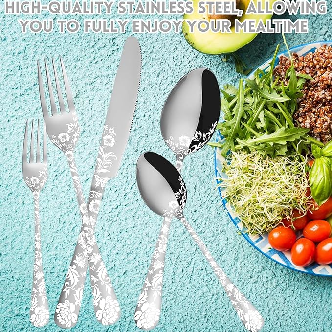 Vilihkc 20 piece Peony Flower Pattern Design Silverware Set, Stainless Steel Flatware Set Service for 4, Silver Cutlery Set, Mirror Polished Utensil Set for Kitchen, Dishwasher Safe
