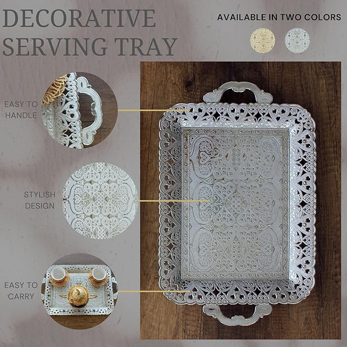 Turkish Vintage Style Entertaining Tray - |15.4” x 10.2”Multi-Purpose, Non-Tarnishing, Zamak Alloy, Decorative Ottoman Style - Rectangular Serving Tray for Coffee & Beverages (Silver)