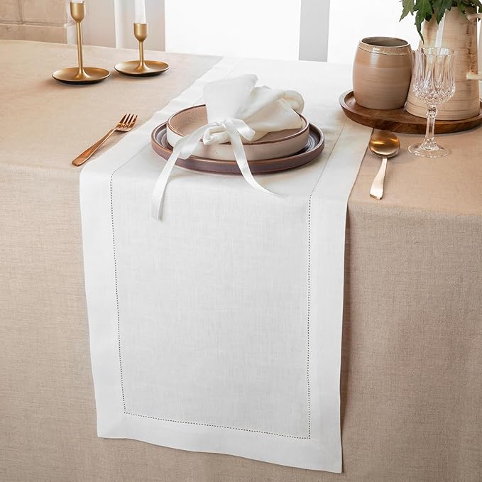D'Moksha Homes Linen White Table Runner 48 Inches - Classic Hemstitch, 100% Pure Linen Coffee Table Runner 14 x 48 Inch Ideal for Dresser Tables - Winter, Christmas, Holiday, New Year