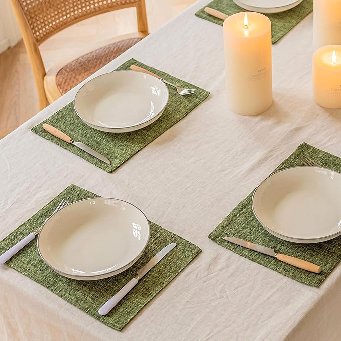 Home Brilliant Linen Cloth Placemats Set of 6 Heat Resistant Dining Table Place Mats Kitchen Washable Dining Mats for Dinner Spring Decor, Green