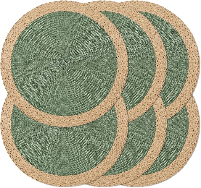 Noctiflorous Round Placemats Set of 6, 15 Inch Braided Hand Woven Table Mats, Heat Resistant Non-Slip Wipeable Wide Edge Place Mats for Kitchen Dining Indoor Outdoor Use(Green, 6)