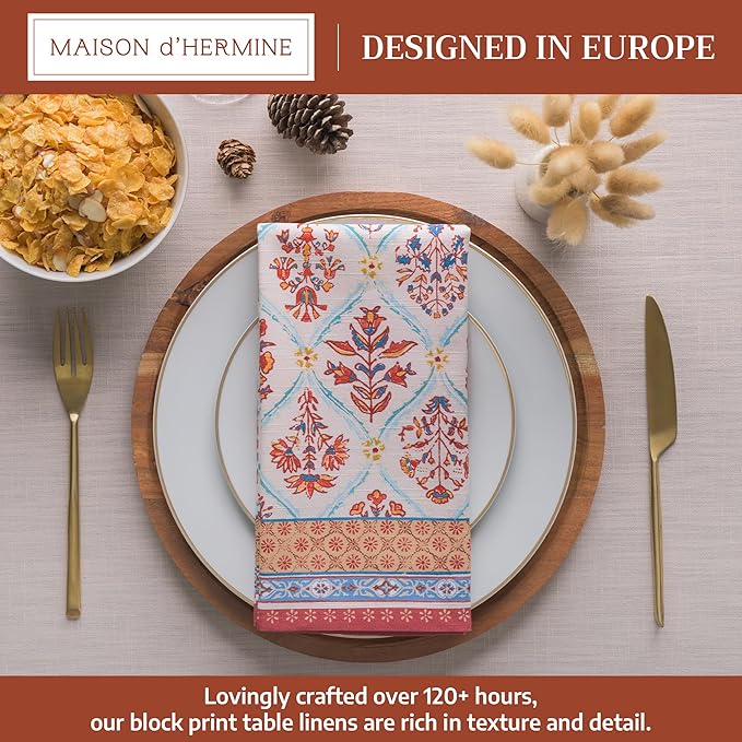 Maison d' Hermine Cloth Napkins Set of 4 100% Cotton for Thanksgiving Christmas Decorations Everyday Reusable Square Fall Napkins Cloth Washable Dinner Party (Romane, 20"x20")