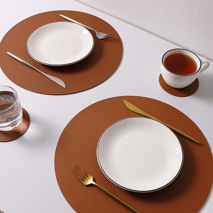 Wipeable Placemats and Coasters Leather Table Mats Waterproof Heat-Resistant Easy to Clean for Dining Table Set Kitchen Table Set of 4, Brown