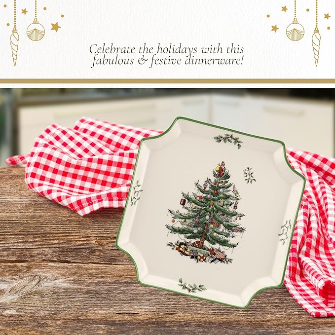 Spode Christmas Tree Canape Plate - 8" Holiday Serving Dish for Appetizers, Desserts, Treats - Fine Porcelain with Green Border, Dishwasher Safe - Ideal Christmas Tableware
