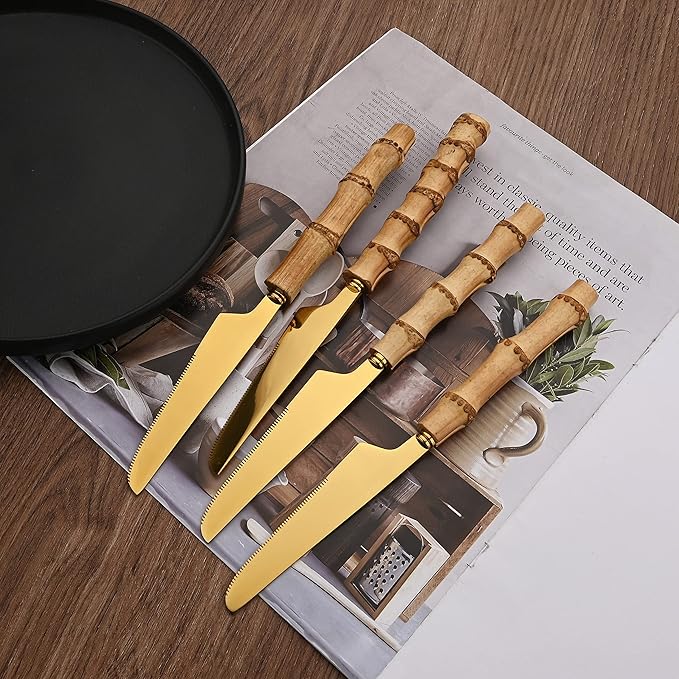 Natural Bamboo Handle Flatware Set, Uniturcky Stainless Steel Silverware Set for 4, Forks, Spoons, Knives Utensils for Daily Use, 16 PCS Bamboo Handle Cutlery Sets, Mirror Finished - Gold
