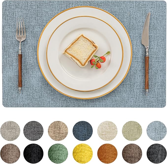 Romanstile Vinyl Placemats Set of 12-12 X 17 Inch - Faux Leather 100% Waterproof Oil-Proof Wipeable Place Mats, Heat Resistant Reversible PU Table Mats for Kitchen Dining Party Outdoor, Sky Blue