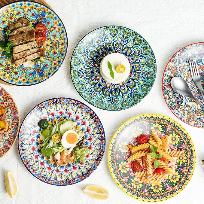 Ceramic Dinner Plates, 8.5 Inch Small Salad Dessert Plate Set of 6, Colorful Bohemian Plates for Appetizers, Snacks, Fruit, Small Plate Set for Kitchen & Restaurant, Microwave, Oven and Dishware Safe