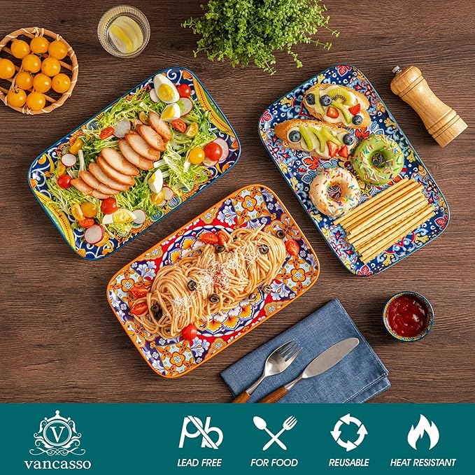 vancasso Serving Platters Set of 4, 12" x 7.4" Inch Rectangular Trays - Large Serving Dishes for Entertaining Food, Bohemian Ceramic Serving Trays for Party, Microwave & Dishwasher Safe, Vintage