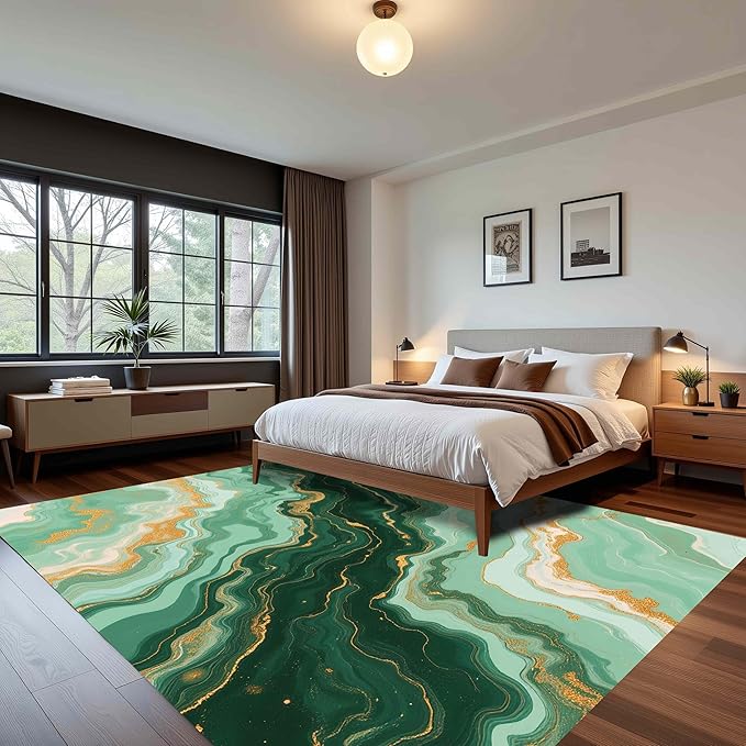 Green Gold Marble Texture Indoor Rugs for Living Room Bedroom Dining Room Soft Non Skid Thin Large Area Rug Nursery Farmhouse Art Deco Floor Mats Dorm Kitchen Modern Abstract Home Office Carpet 3x5