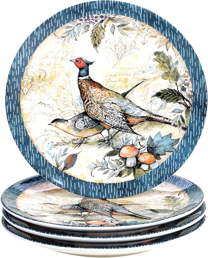 Harvest Gatherings 16-Piece Ceramic Dinnerware Set, Service for 4 – Multicolor Fall Plates, Bowls & Mugs with Pumpkin & Pheasant Design – Autumn Tableware for Thanksgiving, Cabin & Holiday Hosting