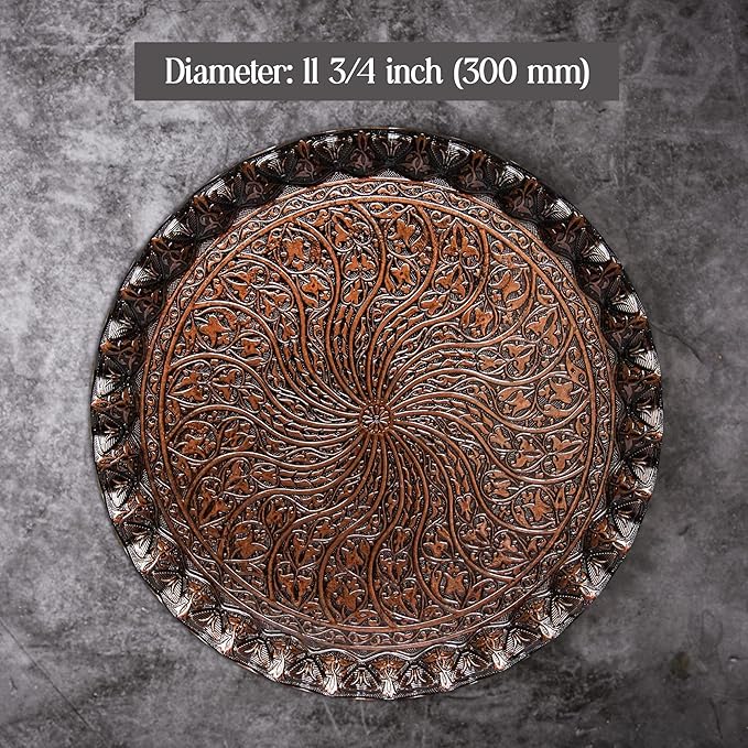 Crystalia Fancy Ottoman Serving Trays, Elegance Metal Turkish Trays for Beverage Serving, Vintage Ottoman Round Tray for Decorative Tea Coffee and Dessert Table, 12 inch Diameter