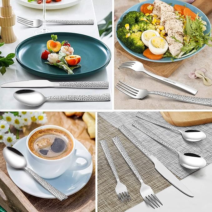 LIANYU 24-Piece Hammered Silverware Set with Extra Salad Forks, Stainless Steel Square Flatware Cutlery Set for 4, Fancy Eating Utensils Tableware, Dishwasher Safe