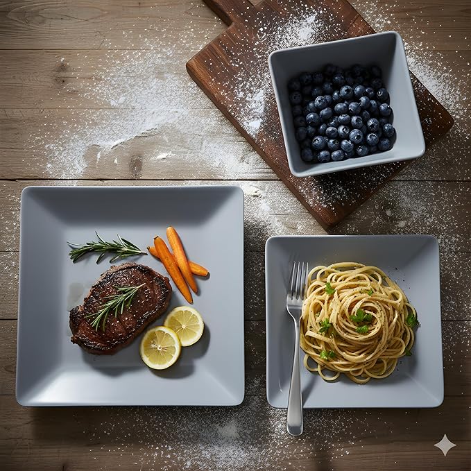 TP 12-Piece Dinnerware Set, Melamine Dishes Set with Bowls and Plates, Non-breakable and Lightweight Square Dinner Set for 4, Grey